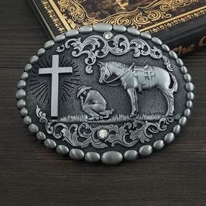 Silver Cowboy and horse man of faith kneeling at cross Belt buckle
